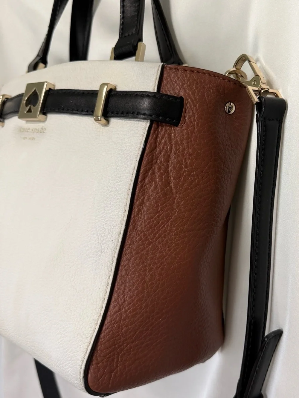 kate spade White, Black & Brown Leather Satchel with Spade Accent